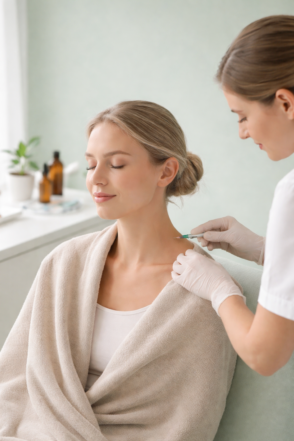 Frau erhält Spritze in den Nacken Neuraltherapie Alexandra Nagenrauft